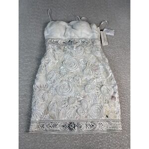 Sue Wong Dress Womens 10 White Beaded Rosette Sheath Sweetheart Short Cocktail